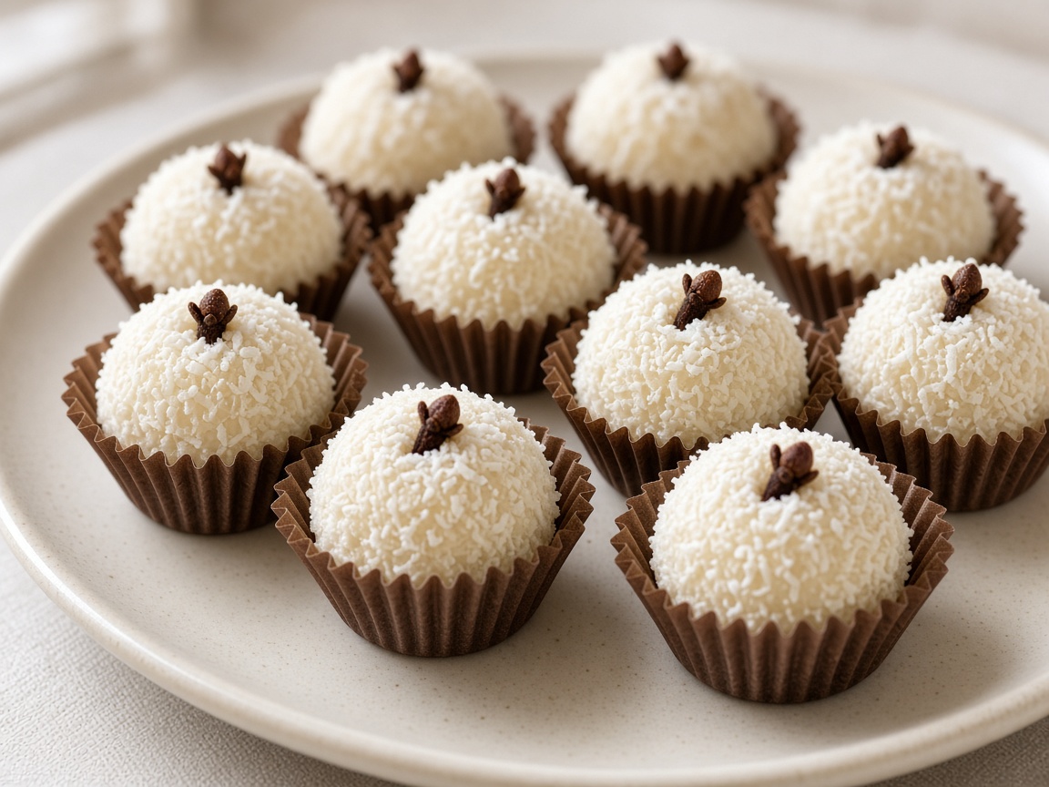 Brazilian beijinhos rolled in shredded coconut and topped with cloves