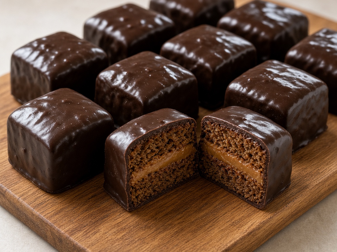 Chocolate-covered Brazilian pão de mel, one piece cut open to show honey cake and doce de leite
